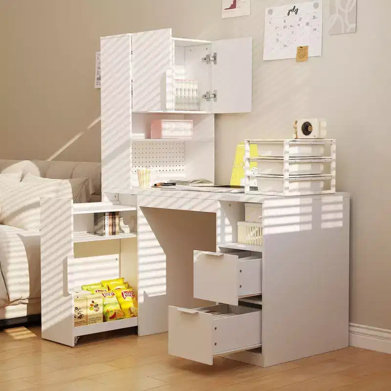 Famapy 61.4H White Office Desk with Hutch and Mobile Cabinet Computer Workstation Writing Table with Pegboard & Locking Wheels