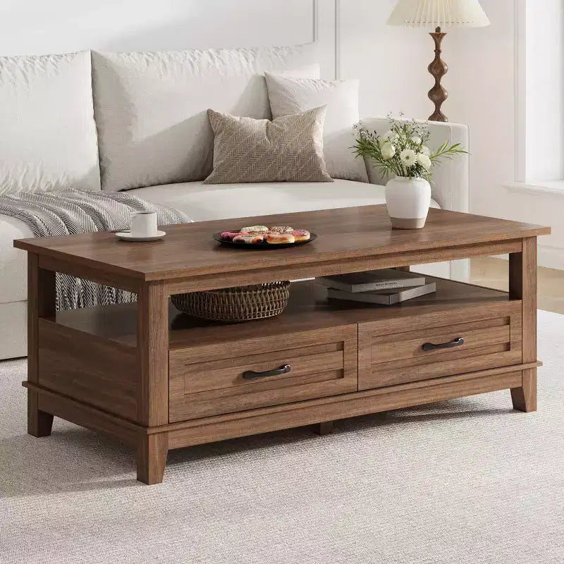 Farmhouse Coffee Table with Drawers, 47.2 Center Table Rustic Coffee Tables Brown Living Room Table, with Open Shelf and 6 Support Legs