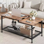 Coffee Table Industrial Living Room Table 2-Tier Rustic Center Table with Mesh Shelf Rectangle Storage Cocktail Table, Easy to Assemble, Rustic Brown