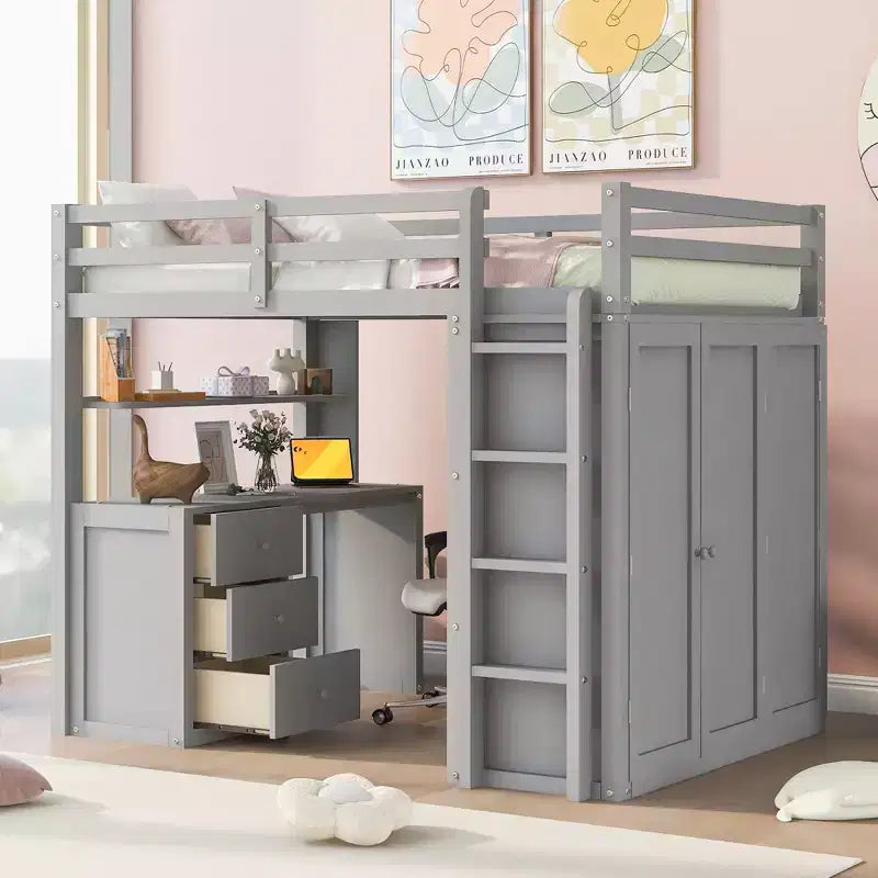 CLIHOME Letto a soppalco a una piazza e mezza con 3 cassetti contenitore, scrivania e armadio