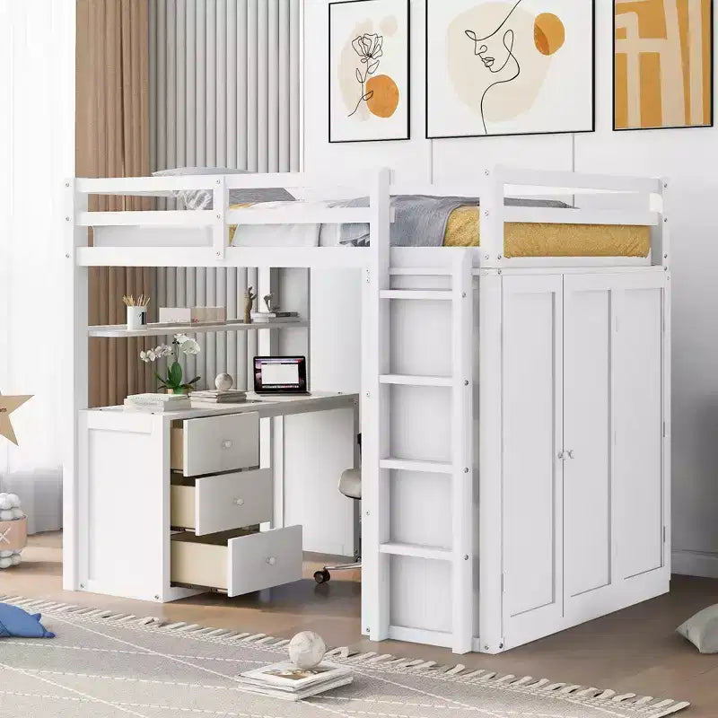 CLIHOME Letto a soppalco a una piazza e mezza con 3 cassetti contenitore, scrivania e armadio