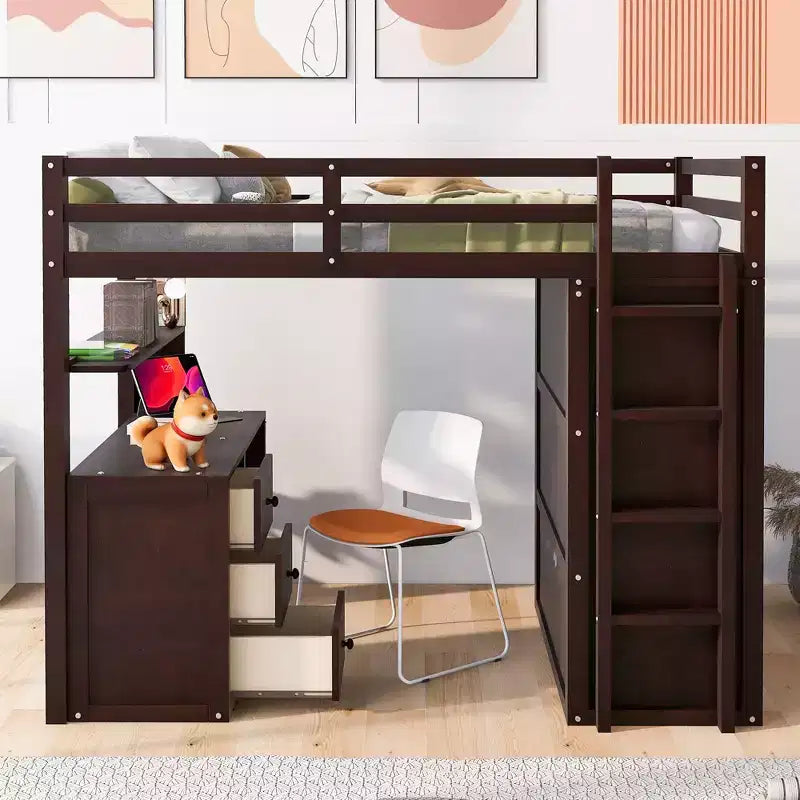 Lit mezzanine CLIHOME grand format avec 3 tiroirs de rangement, bureau et armoire