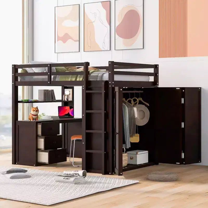 Lit mezzanine CLIHOME grand format avec 3 tiroirs de rangement, bureau et armoire