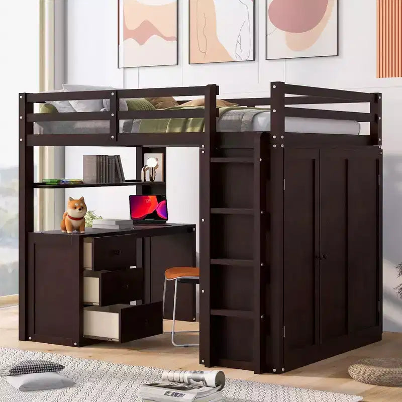 Lit mezzanine CLIHOME grand format avec 3 tiroirs de rangement, bureau et armoire