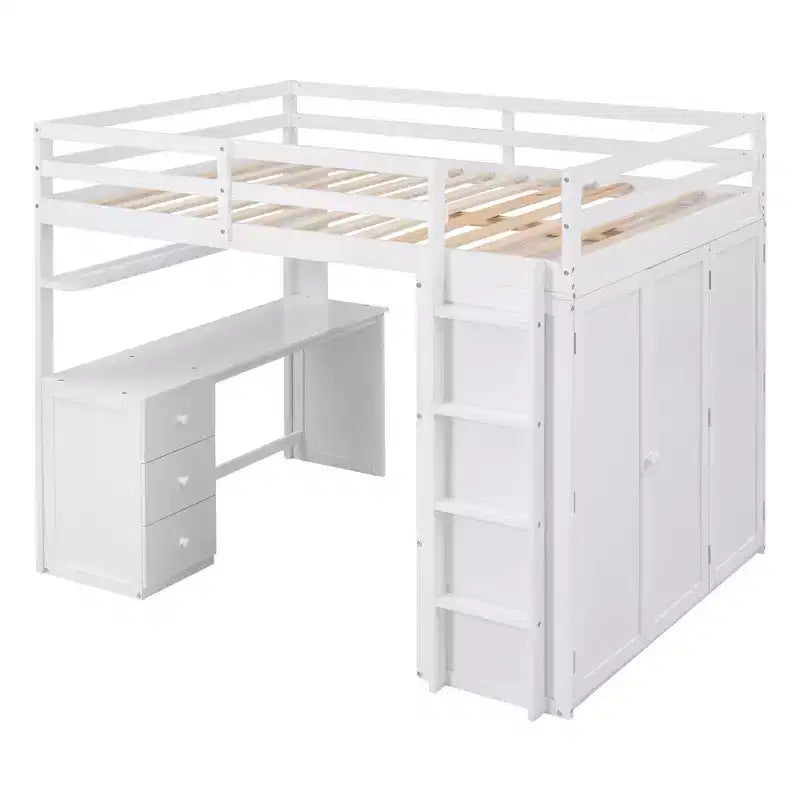 Lit mezzanine CLIHOME grand format avec 3 tiroirs de rangement, bureau et armoire