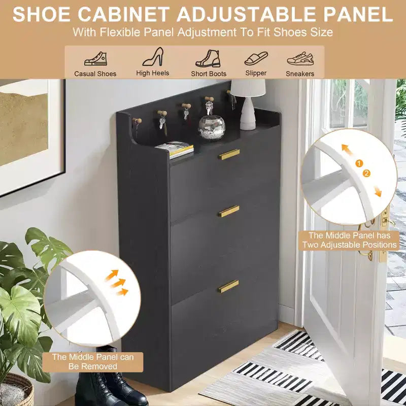 Scarpiera VECELO con 2 cassetti a ribalta, organizer contenitore stretto indipendente con ganci per ingresso o corridoio, nero/bianco