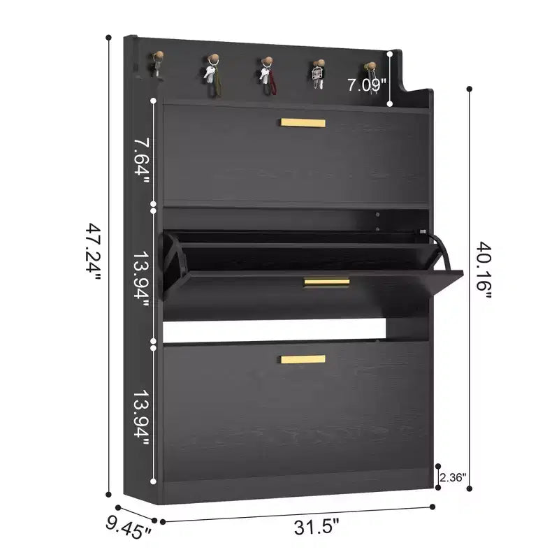 Meuble à chaussures VECELO avec 2 tiroirs basculants, Organisateur de rangement étroit et autonome avec crochets pour entrée ou couloir, Noir/Blanc
