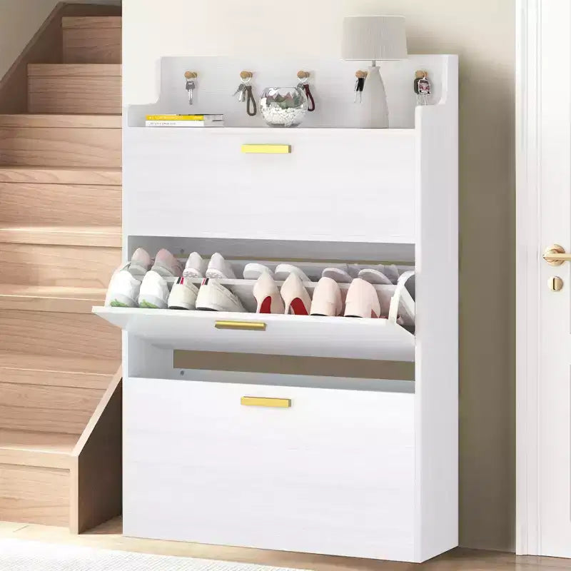 Scarpiera VECELO con 2 cassetti a ribalta, organizer contenitore stretto indipendente con ganci per ingresso o corridoio, nero/bianco