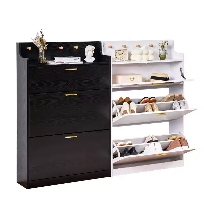 Scarpiera VECELO con 2 cassetti a ribalta, organizer contenitore stretto indipendente con ganci per ingresso o corridoio, nero/bianco