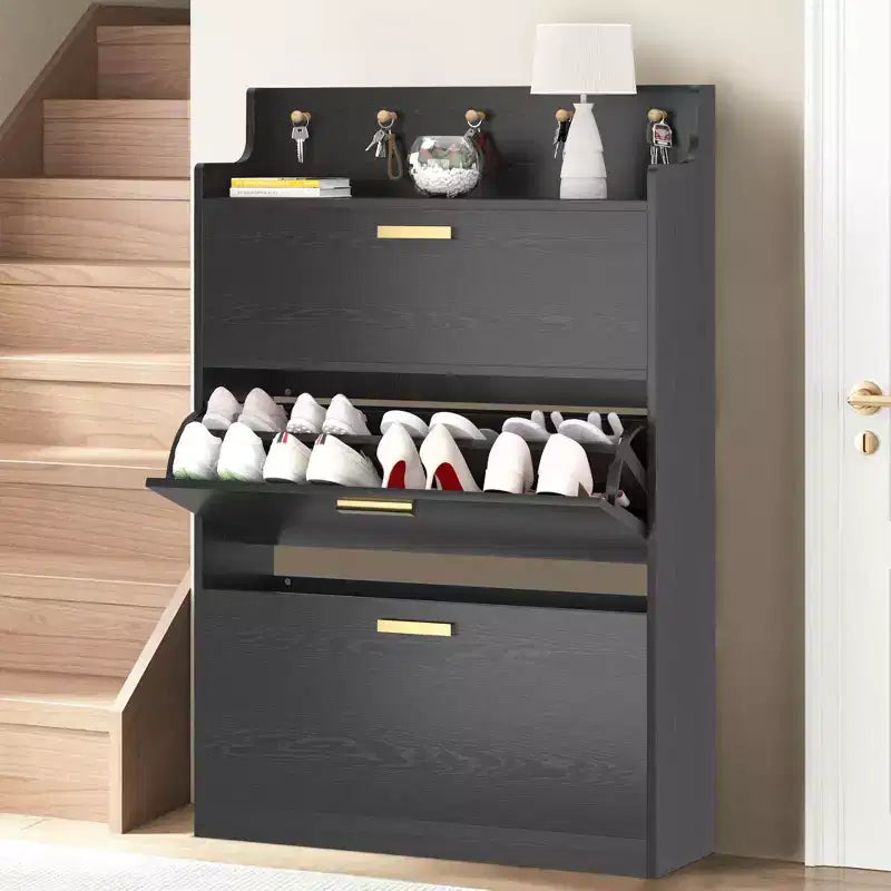 Meuble à chaussures VECELO avec 2 tiroirs basculants, Organisateur de rangement étroit et autonome avec crochets pour entrée ou couloir, Noir/Blanc