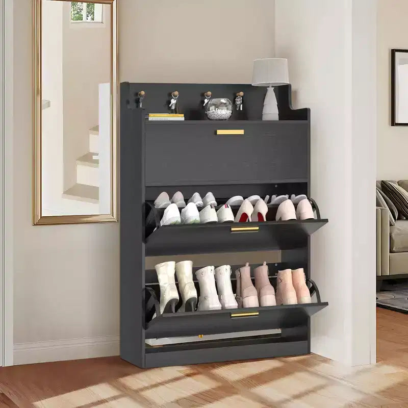 Scarpiera VECELO con 2 cassetti a ribalta, organizer contenitore stretto indipendente con ganci per ingresso o corridoio, nero/bianco