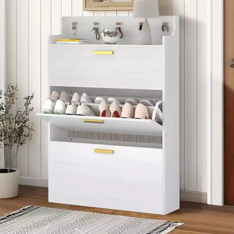 Meuble à chaussures VECELO avec 2 tiroirs basculants, Organisateur de rangement étroit et autonome avec crochets pour entrée ou couloir, Noir/Blanc