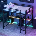 Whisen Full Size Metal Loft Bed Frame with Storage Shelf and LED Light - Black
