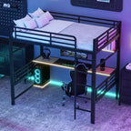 Whisen Full Size Metal Loft Bed Frame with Storage Shelf and LED Light - Black