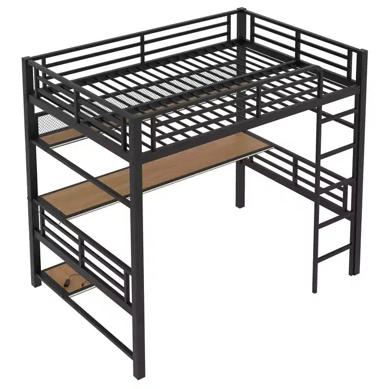 Lit mezzanine pleine grandeur en métal Whisen avec étagère de rangement et éclairage LED - Noir