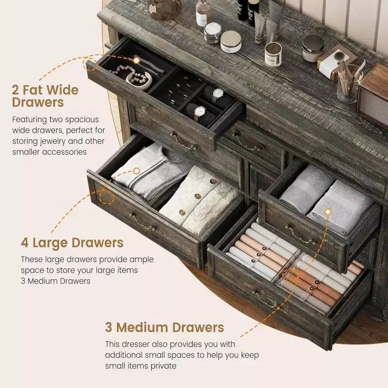 GustoWave Cassettiera in Legno, Cassettiera a 9 Cassetti con Ampia Unità di Archiviazione e Maniglie in Metallo Vintage per Camera da Letto, Soggiorno, Ingresso