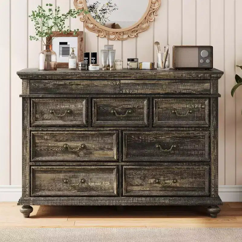 GustoWave Wooden Dresser, 9 Drawer Dresser with Large Storage Unit & Vintage Metal Handles for Bedroom, Living Room, Entrance