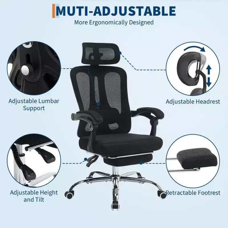 Sedia da ufficio ergonomica in rete, sedia da scrivania per computer da casa con poggiatesta e schienale regolabili, comodo supporto lombare con ruote girevoli a 360°