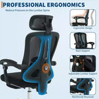 Sedia da ufficio ergonomica in rete, sedia da scrivania per computer da casa con poggiatesta e schienale regolabili, comodo supporto lombare con ruote girevoli a 360°