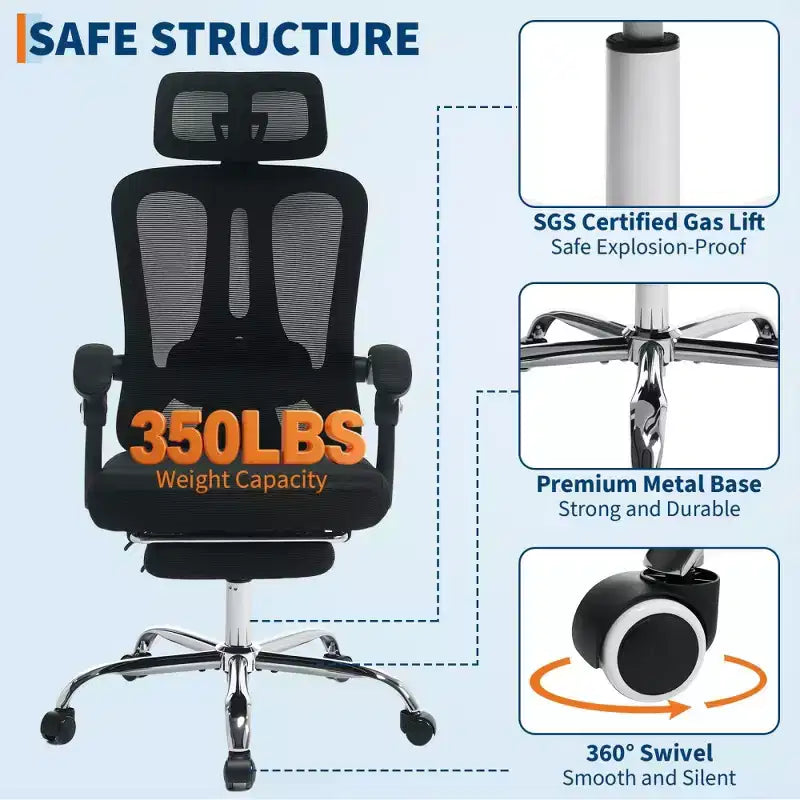 Sedia da ufficio ergonomica in rete, sedia da scrivania per computer da casa con poggiatesta e schienale regolabili, comodo supporto lombare con ruote girevoli a 360°
