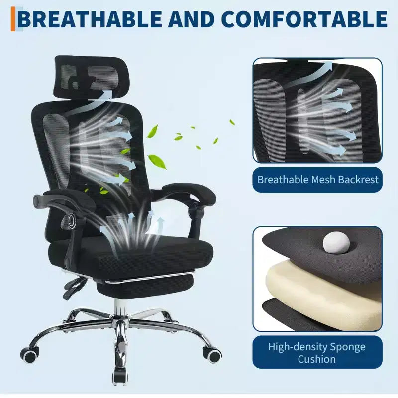 Sedia da ufficio ergonomica in rete, sedia da scrivania per computer da casa con poggiatesta e schienale regolabili, comodo supporto lombare con ruote girevoli a 360°