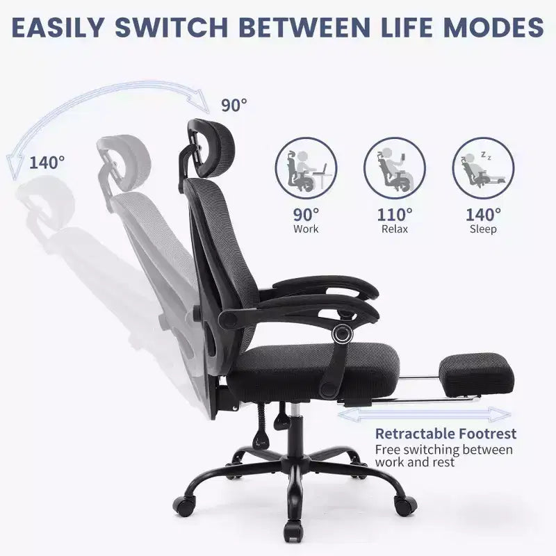 Sedia da ufficio ergonomica in rete, sedia da scrivania per computer da casa con poggiatesta e schienale regolabili, comodo supporto lombare con ruote girevoli a 360°