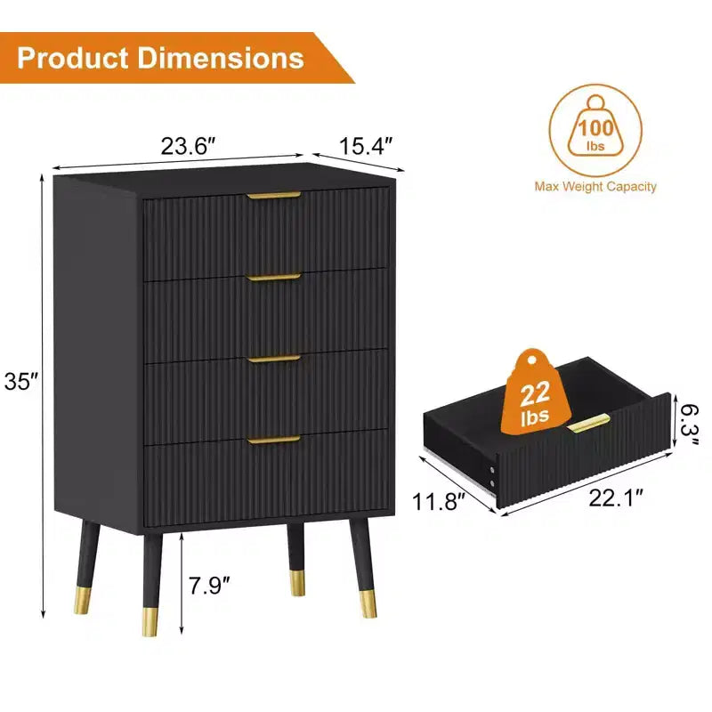 Comò a 4 cassetti per camera da letto, Comodini moderni per armadio, Cassettiera, Armadietto contenitore, Comodino piccolo scanalato
