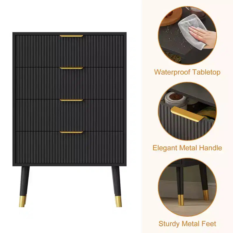 Comò a 4 cassetti per camera da letto, Comodini moderni per armadio, Cassettiera, Armadietto contenitore, Comodino piccolo scanalato