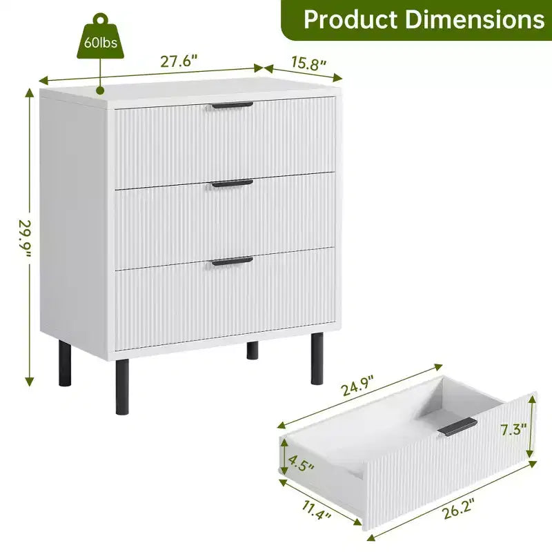 GustoWave Cassettiera a 3 cassetti, comò largo 71 cm con dispositivo antiribaltamento, comodino alto in legno con contenitore e gambe in metallo