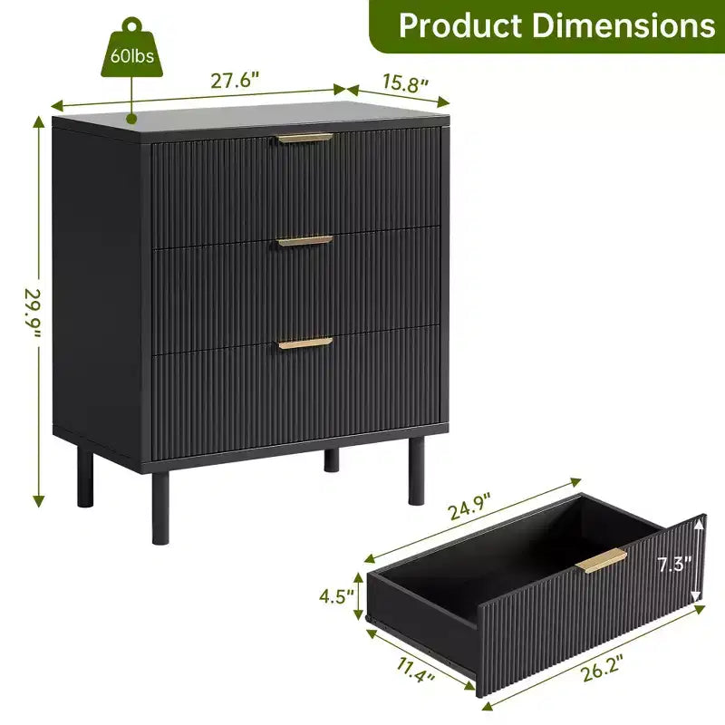 GustoWave Cassettiera a 3 cassetti, comò largo 71 cm con dispositivo antiribaltamento, comodino alto in legno con contenitore e gambe in metallo