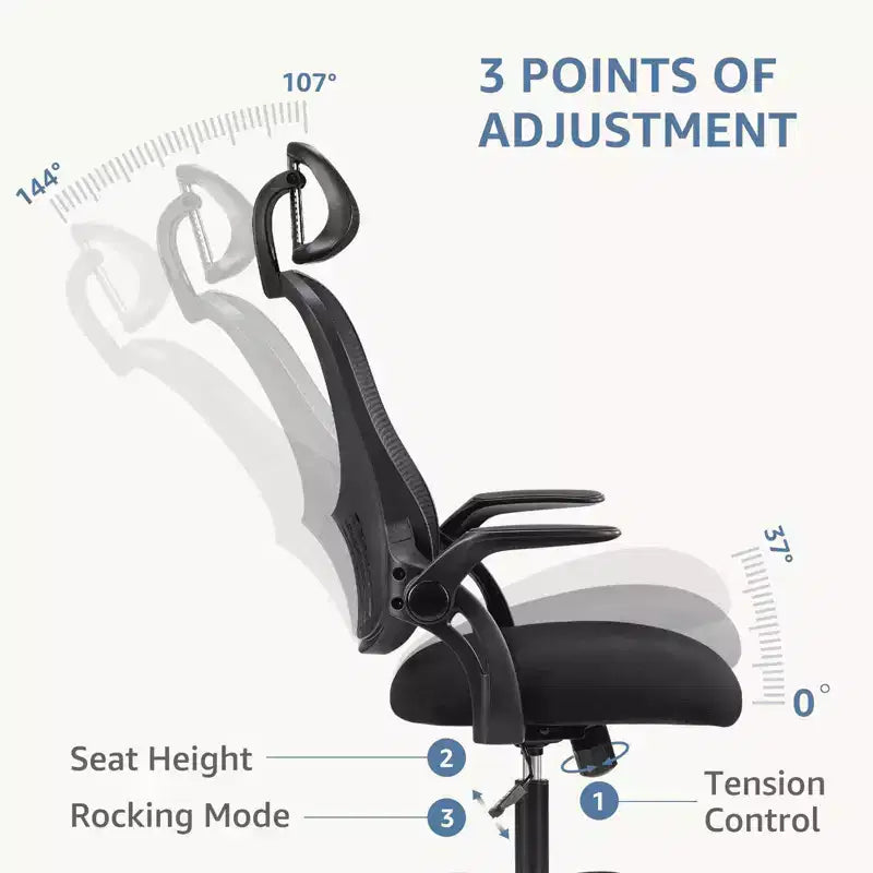 Sedia da ufficio ergonomica MAYEERTY - Schienale alto, ruote, braccioli ribaltabili, regolabile