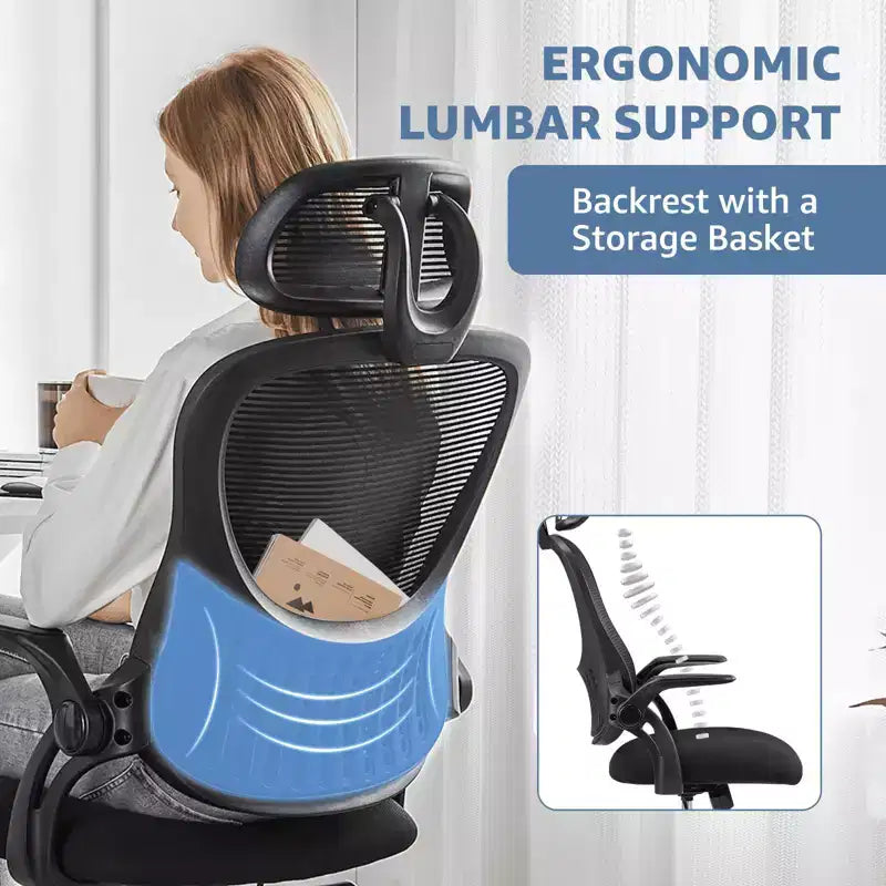 Sedia da ufficio ergonomica MAYEERTY - Schienale alto, ruote, braccioli ribaltabili, regolabile