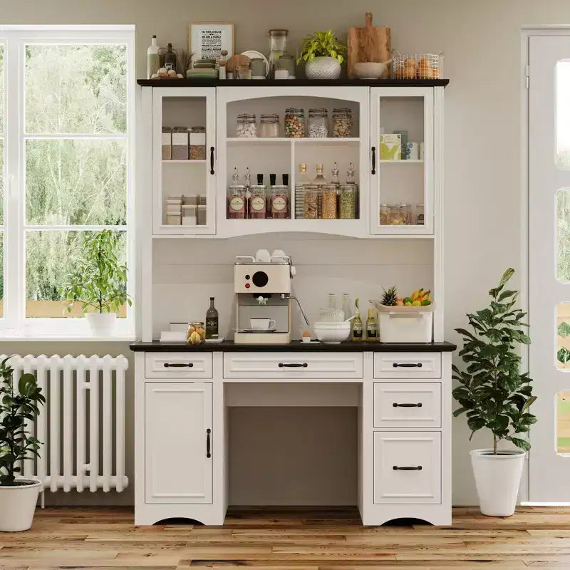 Famapy White Kitchen Hutch Kitchen Cabinet Pantry: Integrated Worktop, High Cabinet Combo, Dust - Proof & Organized