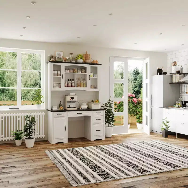 Credenza da cucina bianca Famapy: piano di lavoro integrato, combinazione di pensili alti, antipolvere e organizzato
