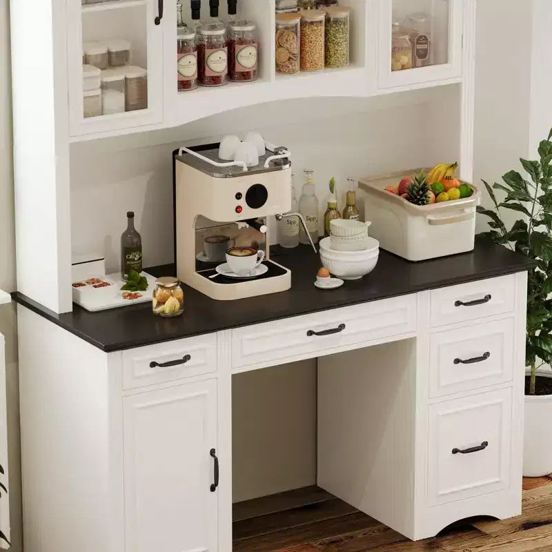 Credenza da cucina bianca Famapy: piano di lavoro integrato, combinazione di pensili alti, antipolvere e organizzato
