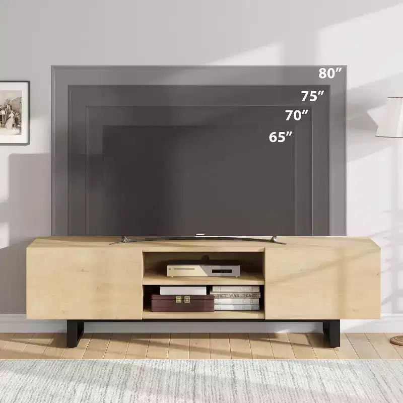Meuble TV pour 80 pouces, meuble de divertissement moderne avec 2 tiroirs, meuble multimédia en bois avec rangement