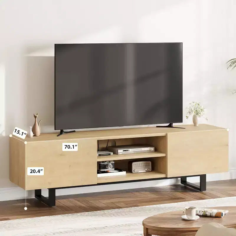 Meuble TV pour 80 pouces, meuble de divertissement moderne avec 2 tiroirs, meuble multimédia en bois avec rangement