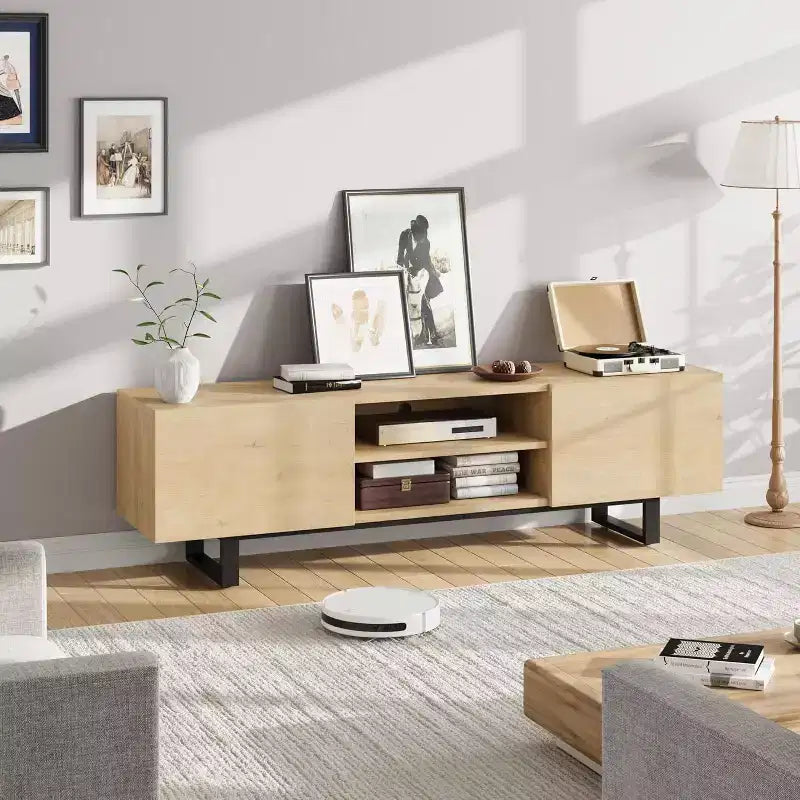 Meuble TV pour 80 pouces, meuble de divertissement moderne avec 2 tiroirs, meuble multimédia en bois avec rangement