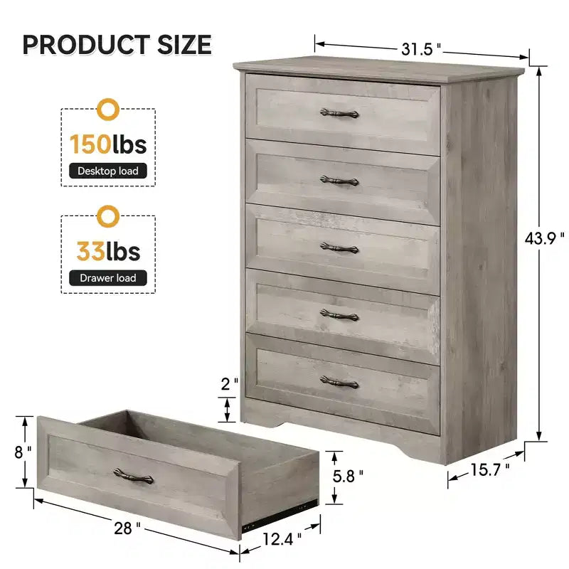 Commode simple grise à cinq tiroirs, marque YS, en chêne, grande capacité avec cinq tiroirs, adaptée à de multiples scénarios, sécurité anti-basculement