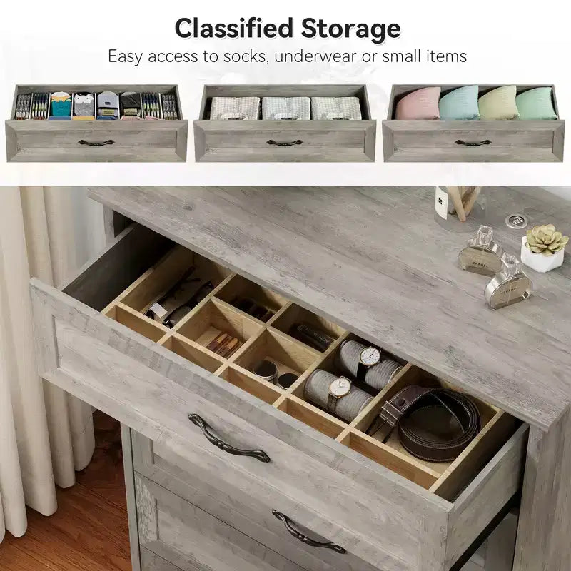 Commode simple grise à cinq tiroirs, marque YS, en chêne, grande capacité avec cinq tiroirs, adaptée à de multiples scénarios, sécurité anti-basculement