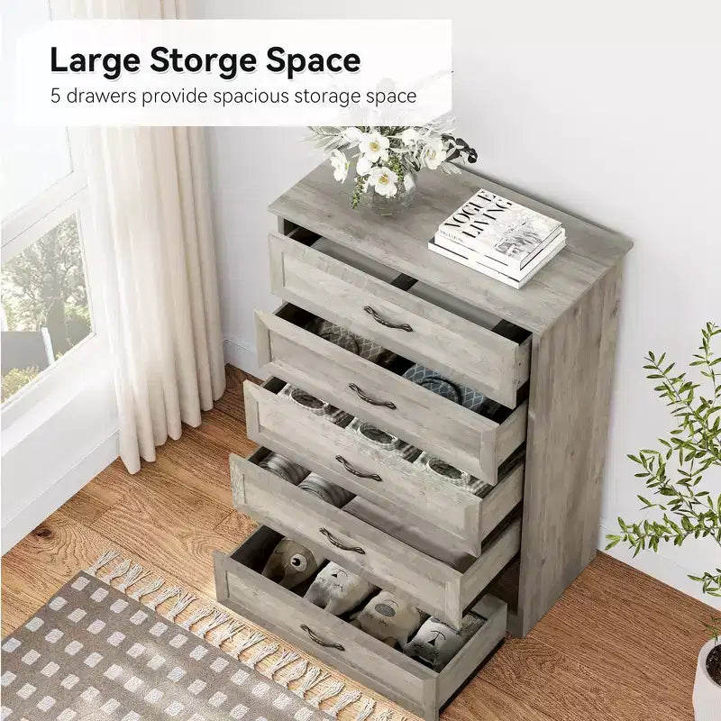 Commode simple grise à cinq tiroirs, marque YS, en chêne, grande capacité avec cinq tiroirs, adaptée à de multiples scénarios, sécurité anti-basculement