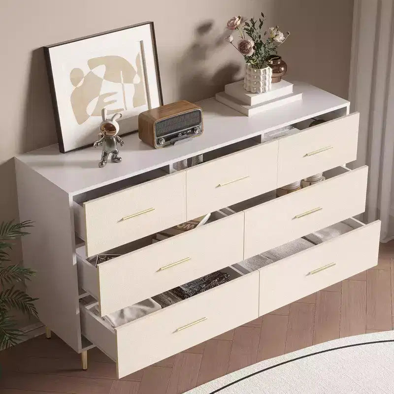 Comò a 7 cassetti, Comò moderno con maniglie in metallo dorato, Cassettiera in legno per camera da letto con robuste gambe in metallo, Organizzatore portaoggetti bianco
