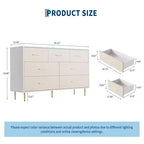 Comò a 7 cassetti, Comò moderno con maniglie in metallo dorato, Cassettiera in legno per camera da letto con robuste gambe in metallo, Organizzatore portaoggetti bianco