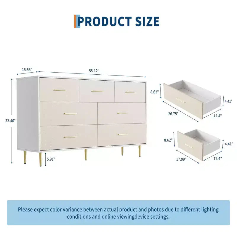 Comò a 7 cassetti, Comò moderno con maniglie in metallo dorato, Cassettiera in legno per camera da letto con robuste gambe in metallo, Organizzatore portaoggetti bianco