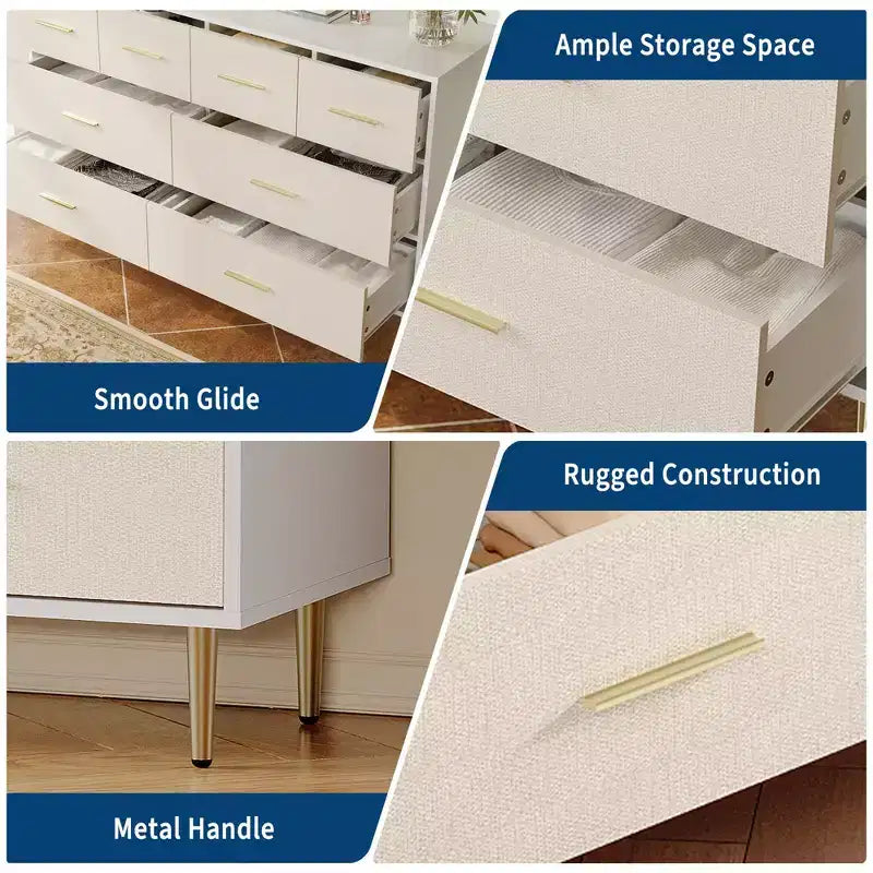Comò a 7 cassetti, Comò moderno con maniglie in metallo dorato, Cassettiera in legno per camera da letto con robuste gambe in metallo, Organizzatore portaoggetti bianco
