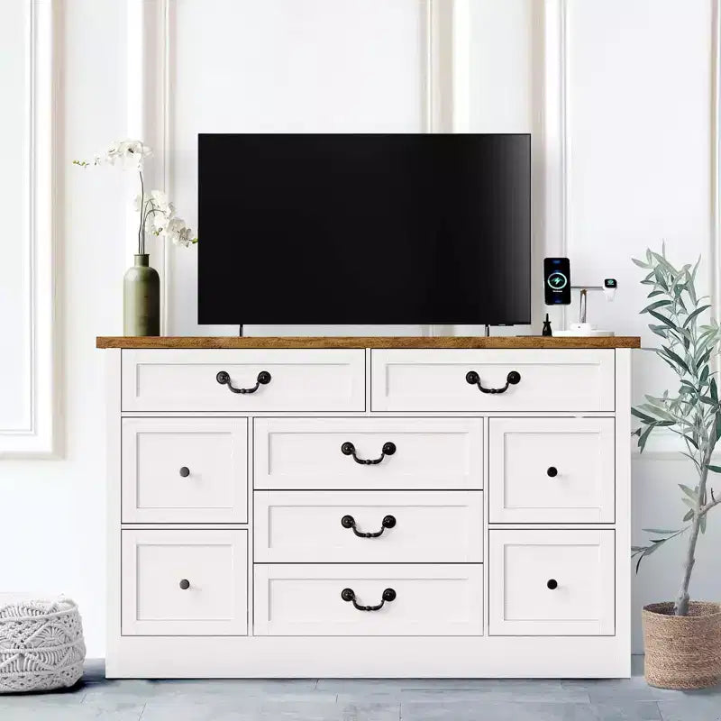 Comò a 9 cassetti con stazione di ricarica, comò in legno largo 54'' con maniglia in metallo, porta TV vintage, cassettiera