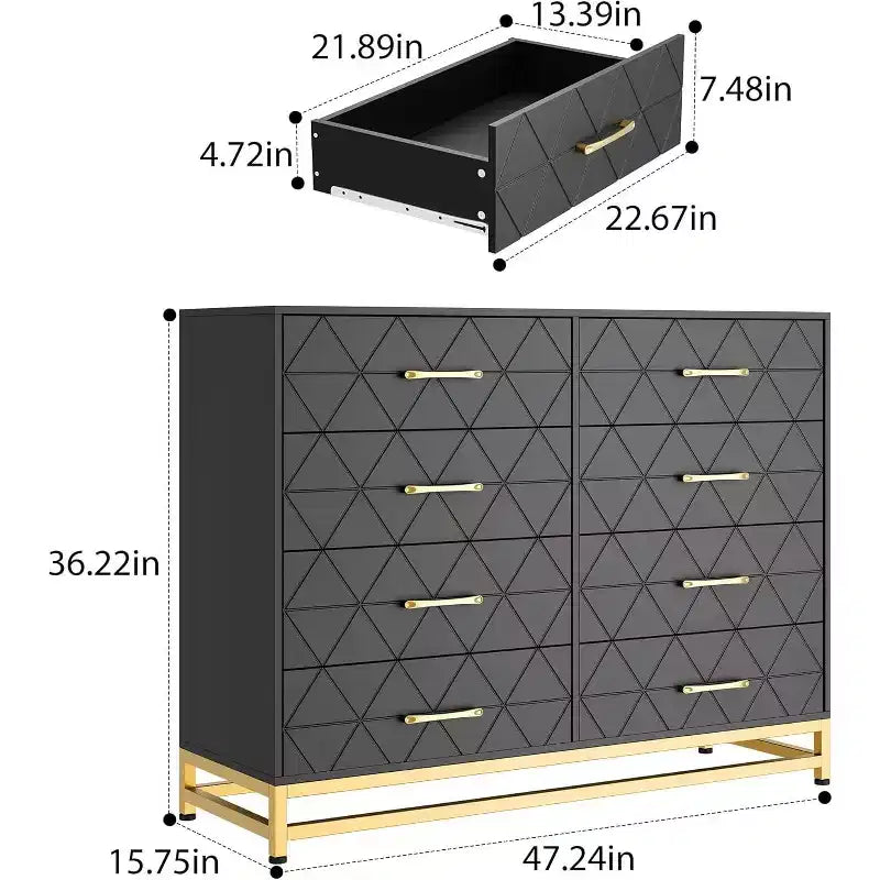 Cassettiera Nera in MDF+PB+Ferro, 8 Cassetti Grandi, Pannello con Motivo Triangolare, Antipolvere e Resistente all'Usura, Adatta a Diversi Scenari