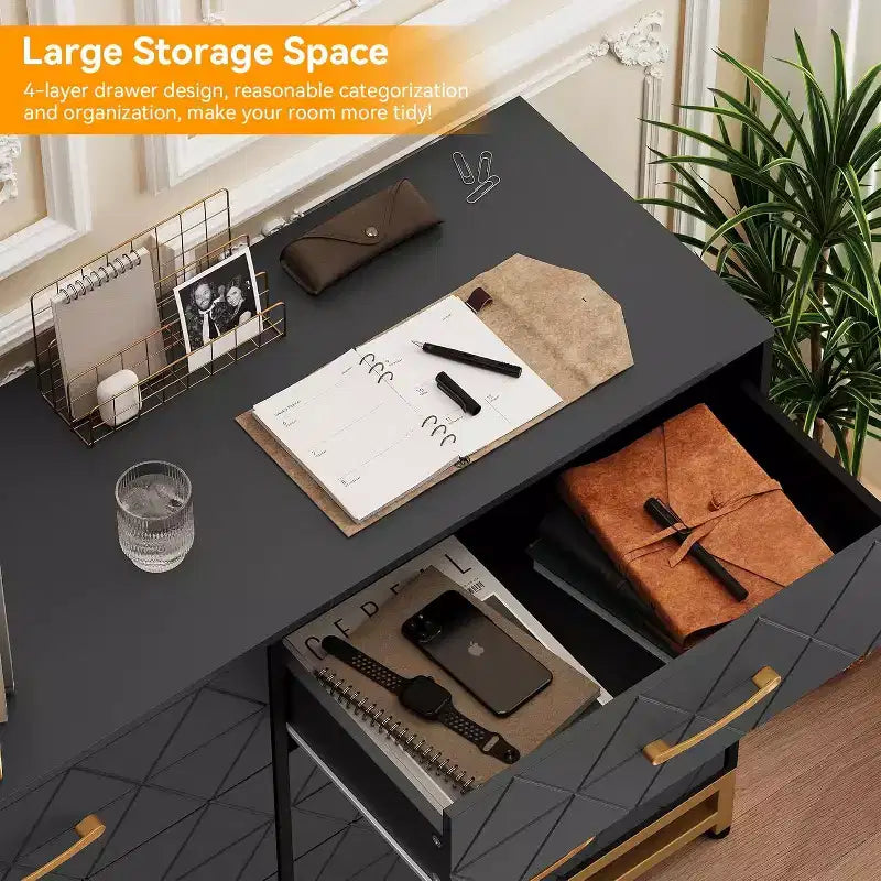 Cassettiera Nera in MDF+PB+Ferro, 8 Cassetti Grandi, Pannello con Motivo Triangolare, Antipolvere e Resistente all'Usura, Adatta a Diversi Scenari