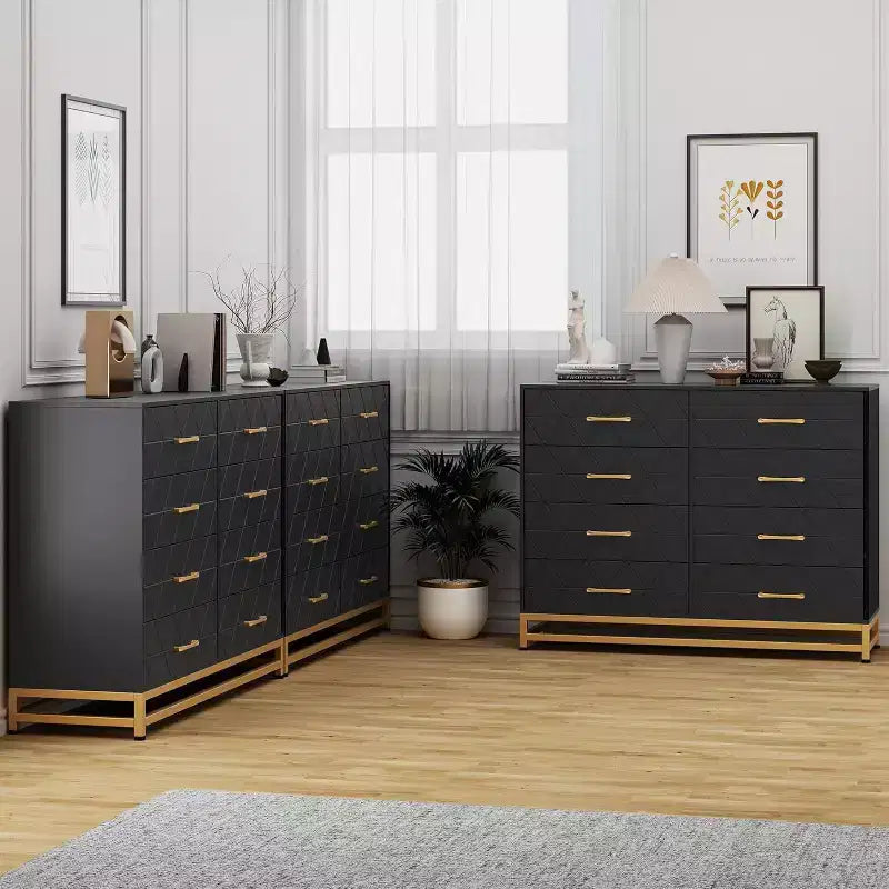 Cassettiera Nera in MDF+PB+Ferro, 8 Cassetti Grandi, Pannello con Motivo Triangolare, Antipolvere e Resistente all'Usura, Adatta a Diversi Scenari
