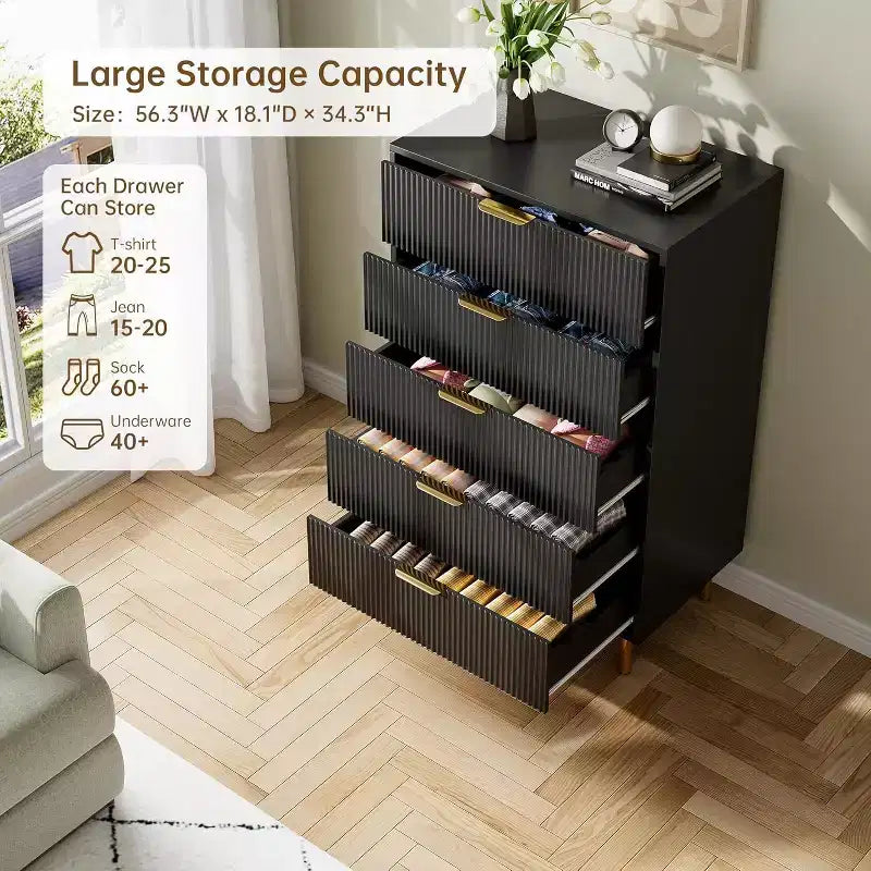 Cassettiera a 5 cassetti Zstar per camera da letto, con maniglie in metallo dorato